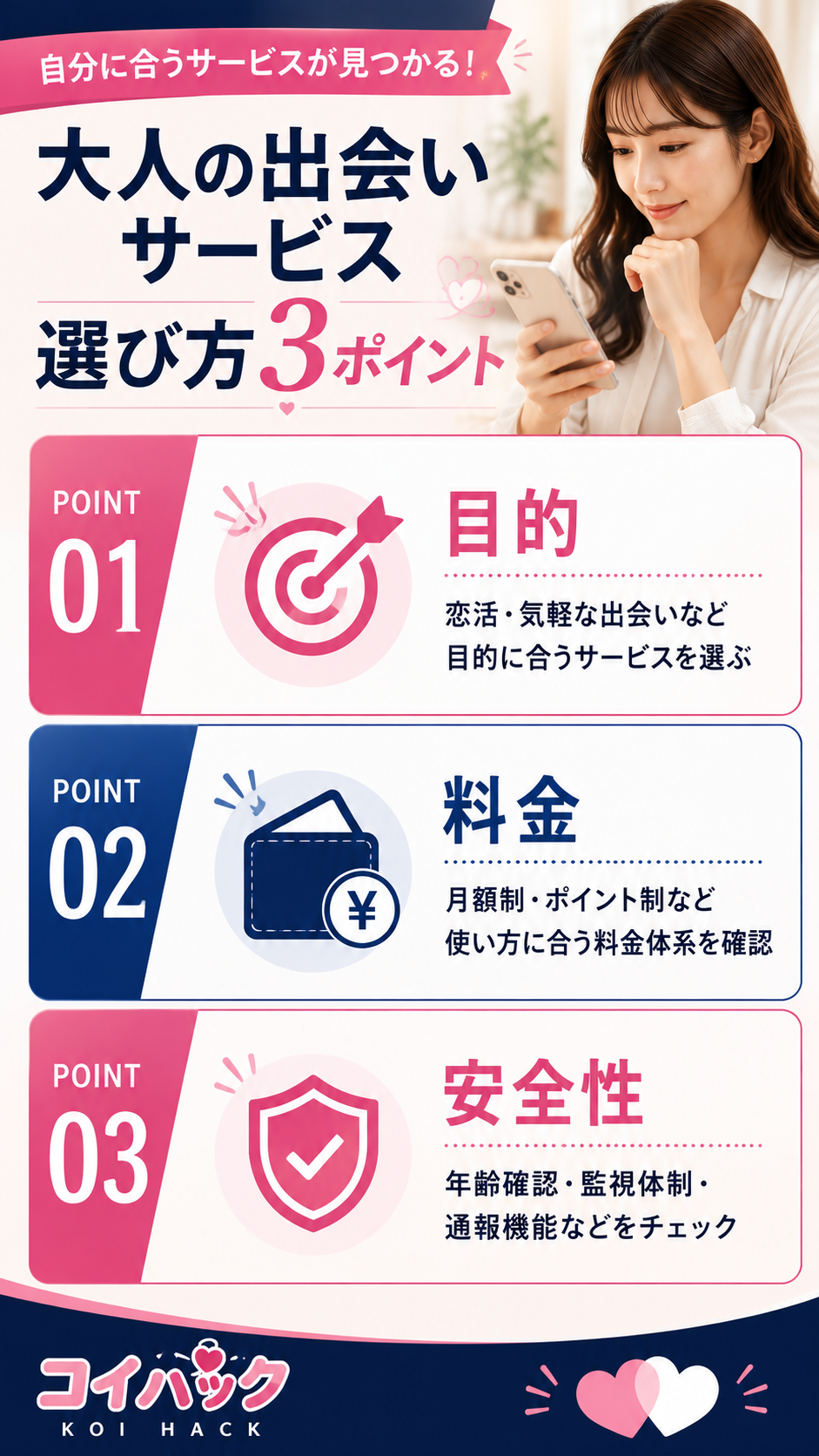 大人の出会いサービスを選ぶ3つのポイント