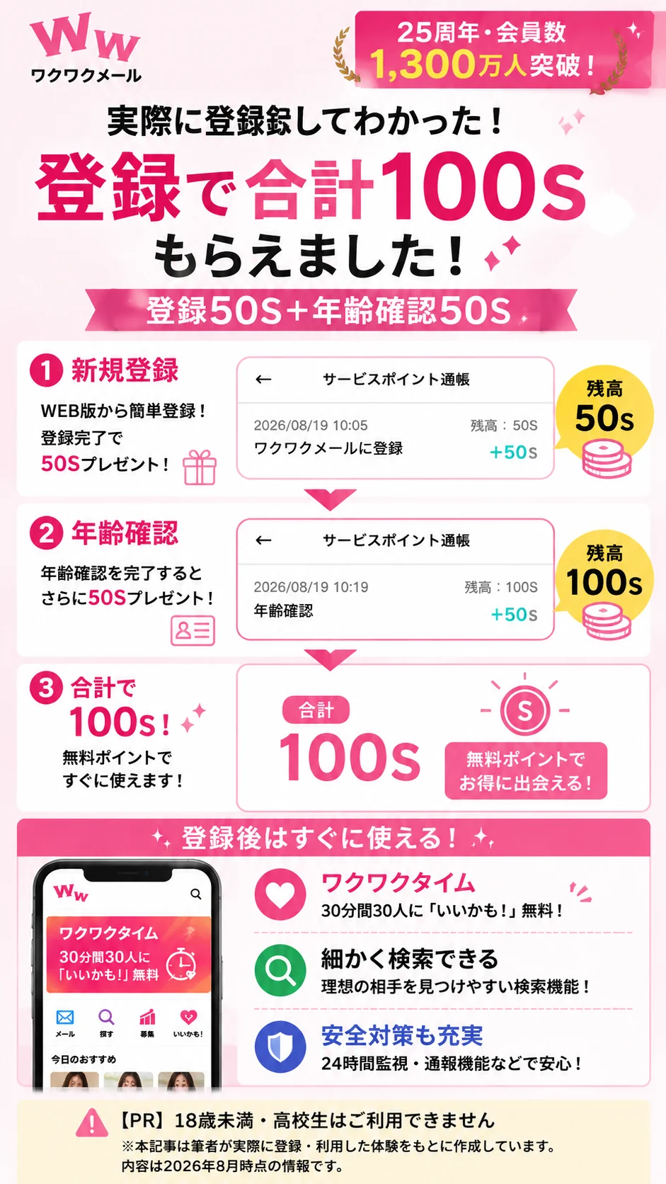 ワクワクメールで登録50Sと年齢確認50Sの合計100Sを確認した実機検証